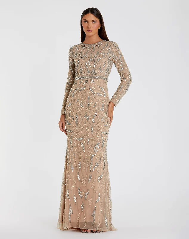 Maxi dresses with a wrap - around style for a customizable fitNude Beaded Long Sleeve Evening Gown