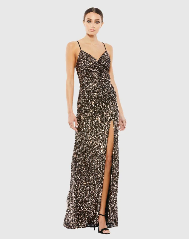 Maxi dresses with beaded embellishments for a fancy and luxurious eventSequined Gather Waist Gown