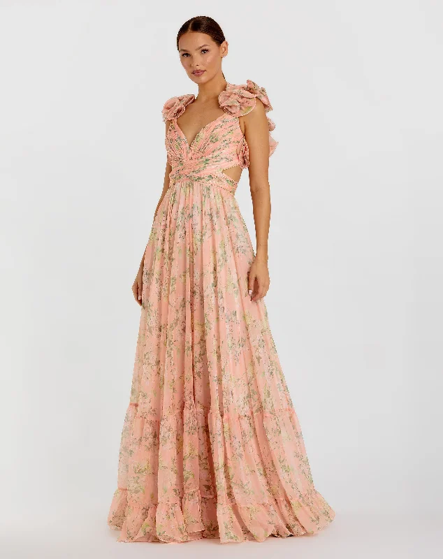 Maxi dresses with bow accents at the waist for a sweet appearancePink Ruffle Tiered Floral Cut-Out Chiffon Gown