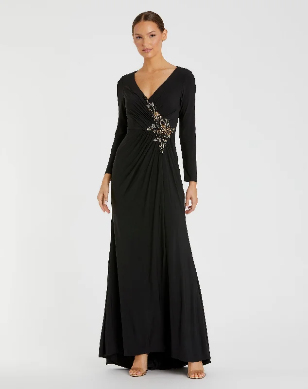 Maxi dresses with a cinched waist for a defined silhouetteFaux Wrap Long Sleeve Gown w/ Appliqué Detail