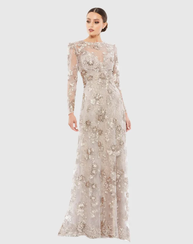 Plaid maxi dresses for fall fashion eventsFloral Embroidered Illusion Long Sleeve Evening Gown
