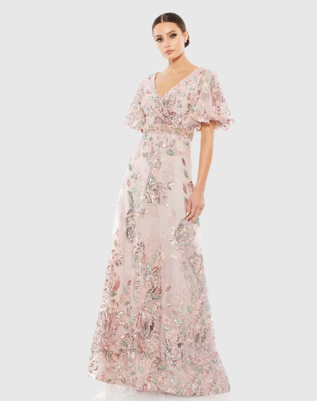 Maxi dresses with a V - neckline for a flattering and elongating shapeFloral Embellished Short Sleeve Gown