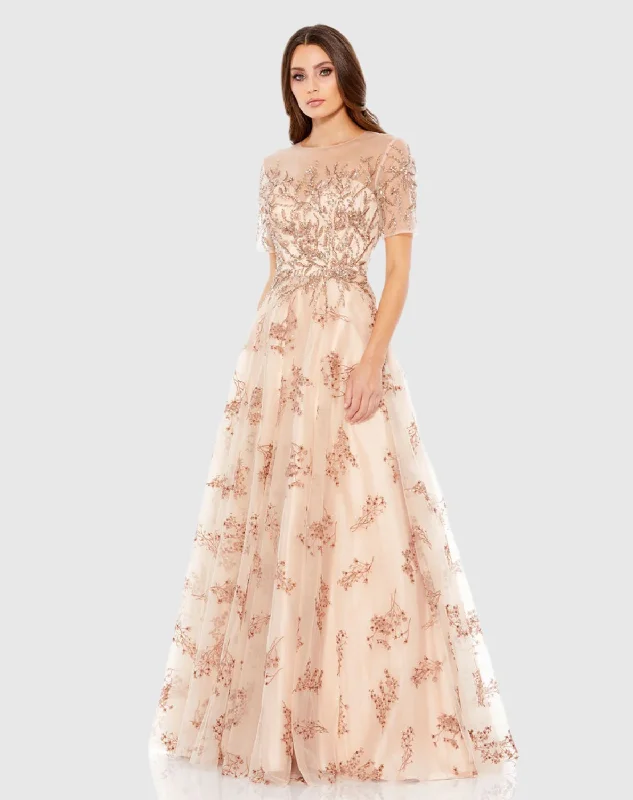 Maxi dresses with a cinched waist for a defined silhouetteEmbellished Illusion Cap Sleeve A Line Gown