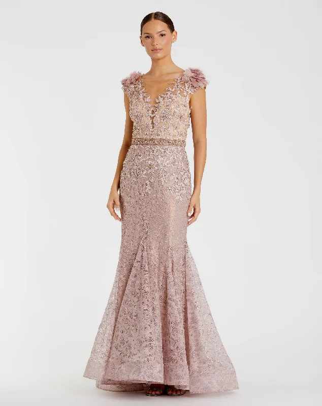 Maxi dresses with a V - neckline for a flattering and elongating shapeEmbroidered Illusion Appliqued Bodice Trumpet Gown