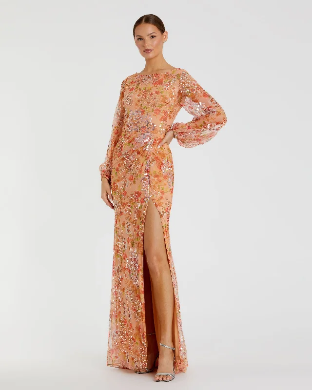 Maxi dresses with one - shoulder designs for a stylish and asymmetric lookFloral Print Sequined Puff Sleeve Gown