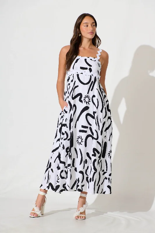 Maxi dresses with off - the - shoulder styles for a romantic and breezy lookAquila Maxi Sundress In White Print With Ric Rac Trim