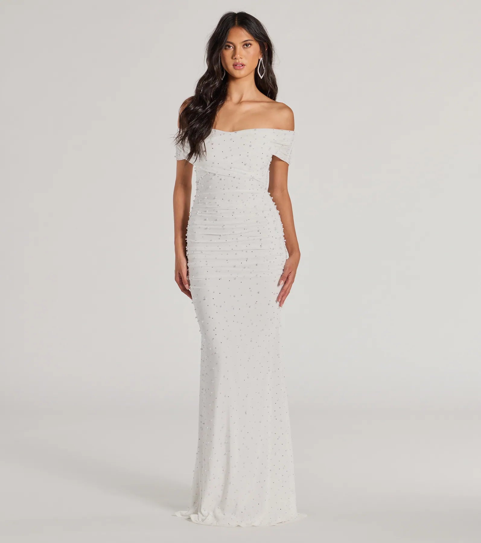Maxi dresses with an asymmetric hem for a fashion - forward and eye - catching designAubriella Rhinestone And Pearl Mesh Mermaid Dress