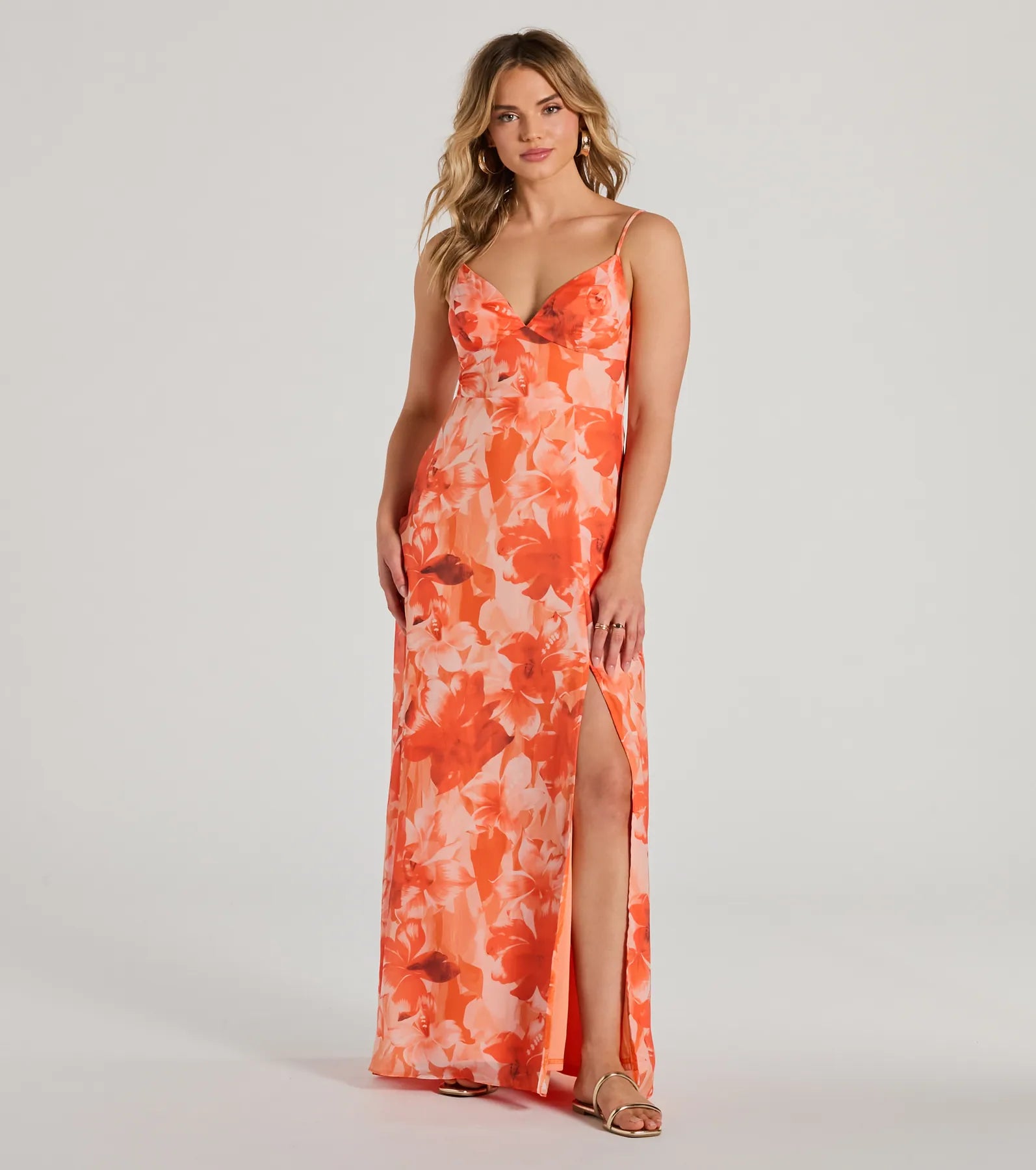 Maxi dresses with a V - neckline for a flattering and elongating shapeBeauty So Unique Lace-Up Floral Chiffon Maxi Dress