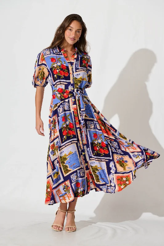 Polyester maxi dresses for easy - care and durabilityBella Maxi Shirt Dress In Blue Multi Postcard Print