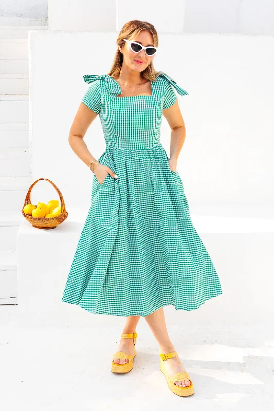 Maxi dresses with an asymmetric hem for a fashion - forward and eye - catching designBlakely Dress in Green Gingham