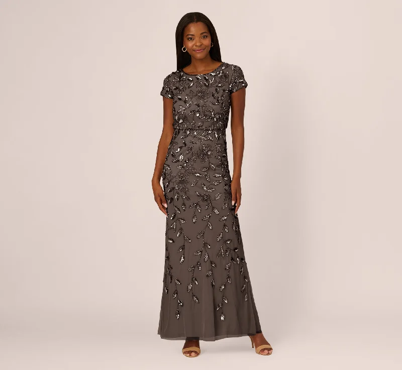 Strapless maxi dresses for a beachside vacationBlouson Short Sleeve Beaded Long Dress In Lead