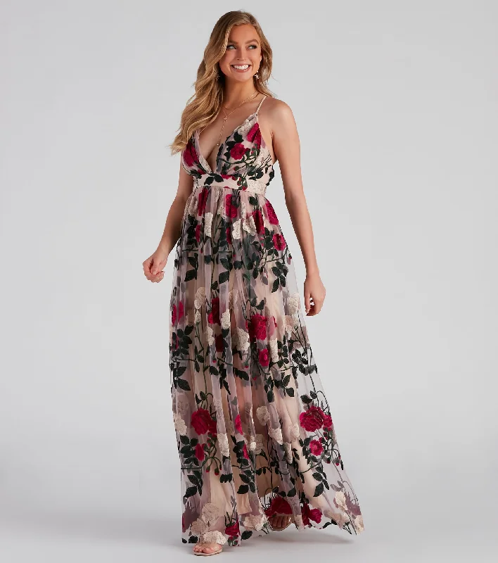 Maxi dresses with a gathered skirt for a voluminous and dramatic effectCharena Formal Embroidered Floral Tulle Dress