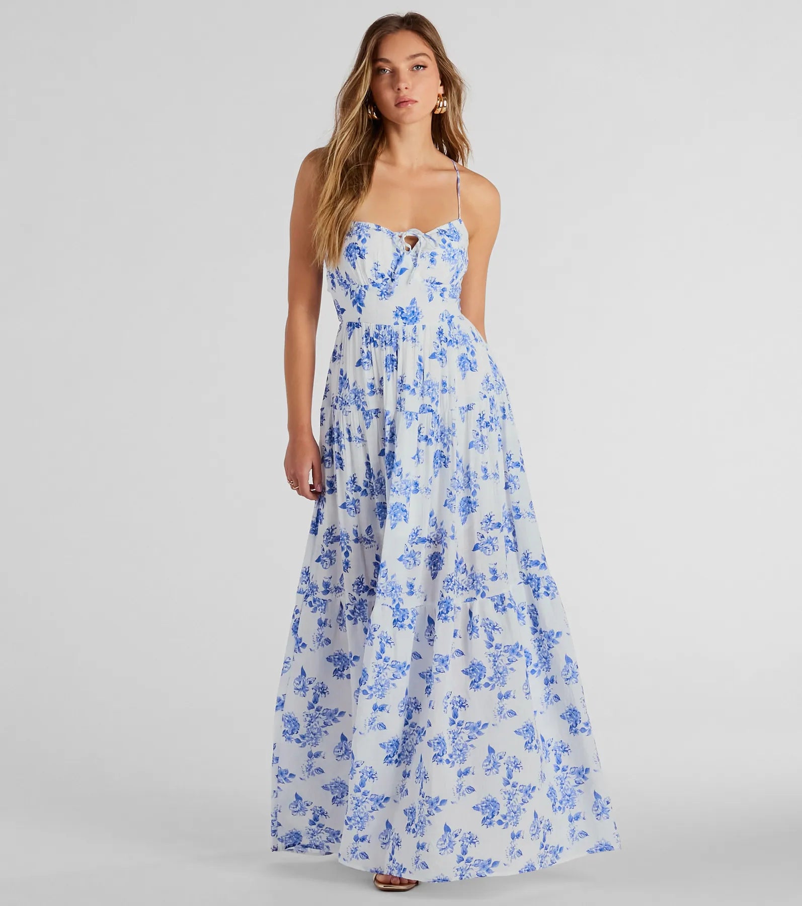 Maxi dresses with tassel accents for a fun and lively touchCharming Vibe Tie-Back Flowy Floral Woven Maxi Dress