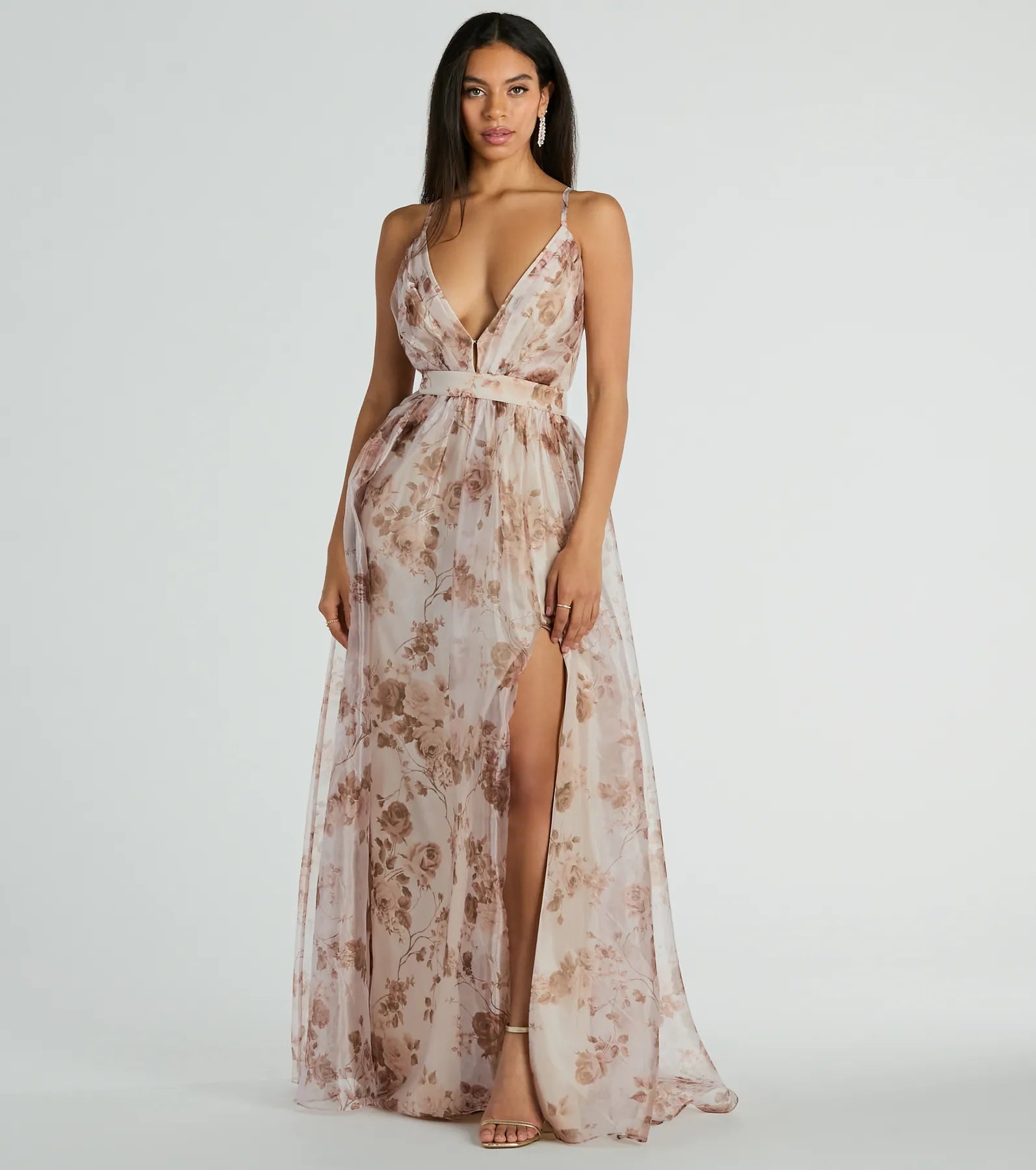 Maxi dresses with a wrap - around style for a customizable fitClarissa V-Neck Rose Floral A-Line Formal Gown