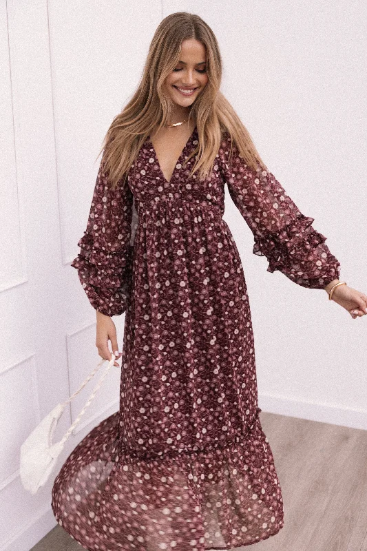 Maxi dresses with a V - neckline for a flattering and elongating shapeEvian Long Sleeve Maxi Dress - Burgundy Multi