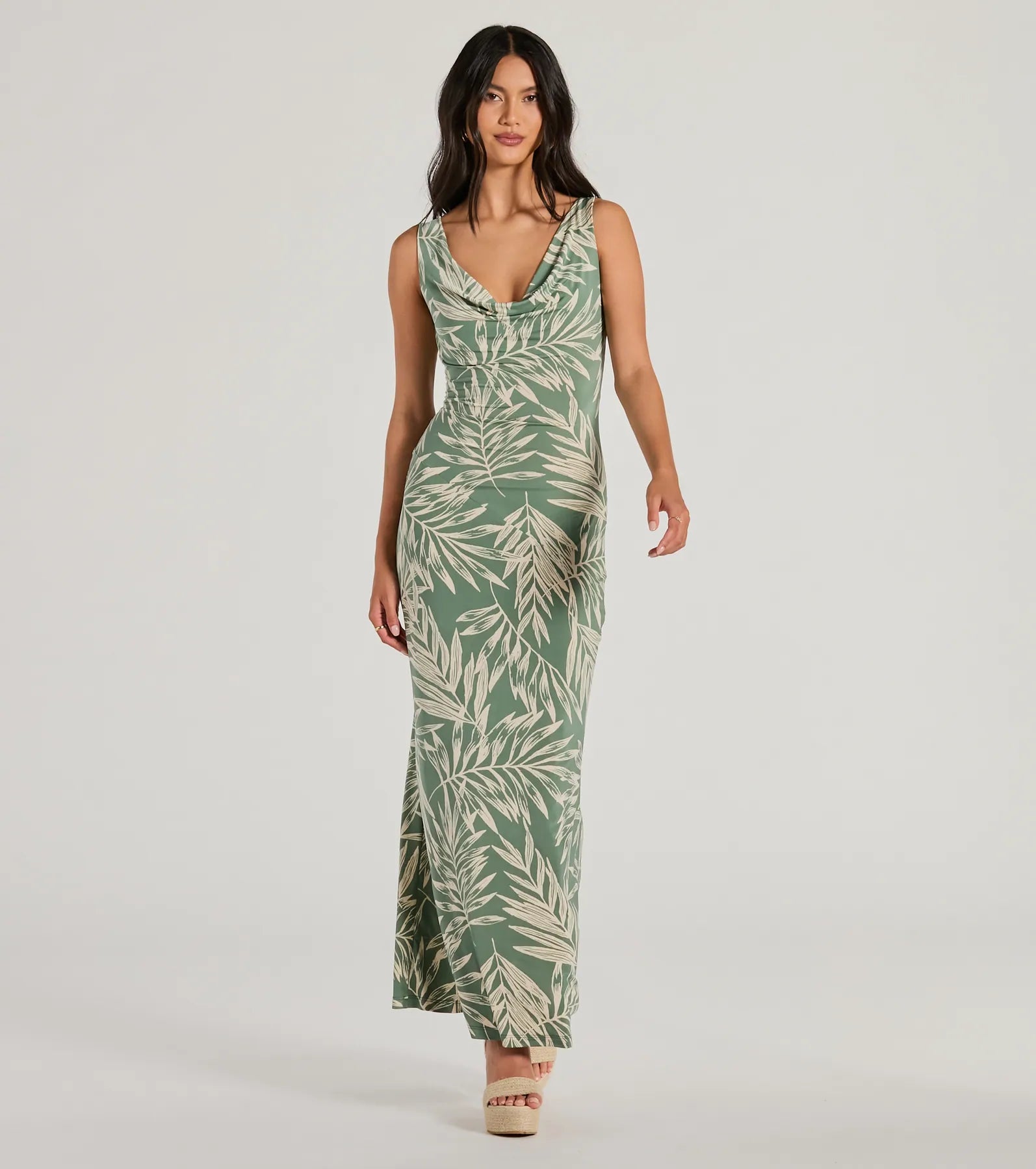 Maxi dresses with tassel accents for a fun and lively touchFabulous Destination Tropical Cowl Neck Maxi Dress