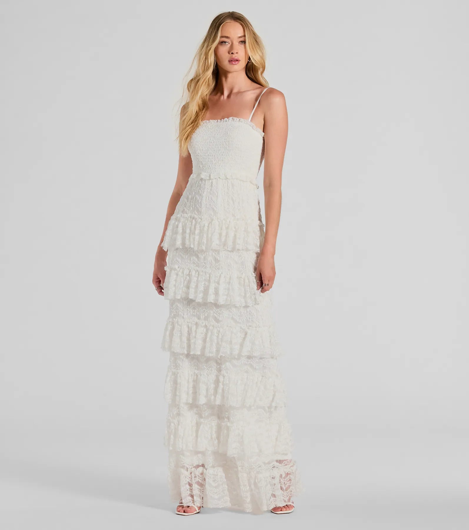Velvet maxi dresses with long sleeves for winter weddingsFollow Your Heart Sleeveless Ruffled Lace Maxi Dress