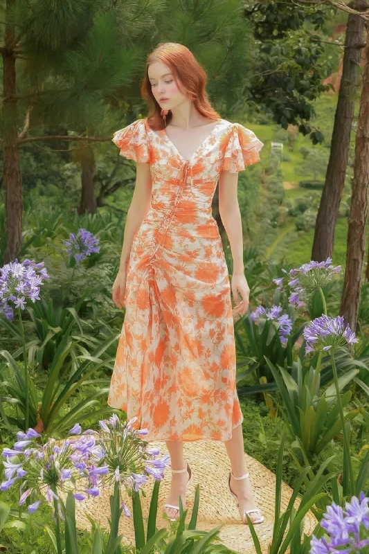 Floral print maxi dresses for summer garden partiesGerbera Slit Ruffle Sleeved Voile Maxi Dress