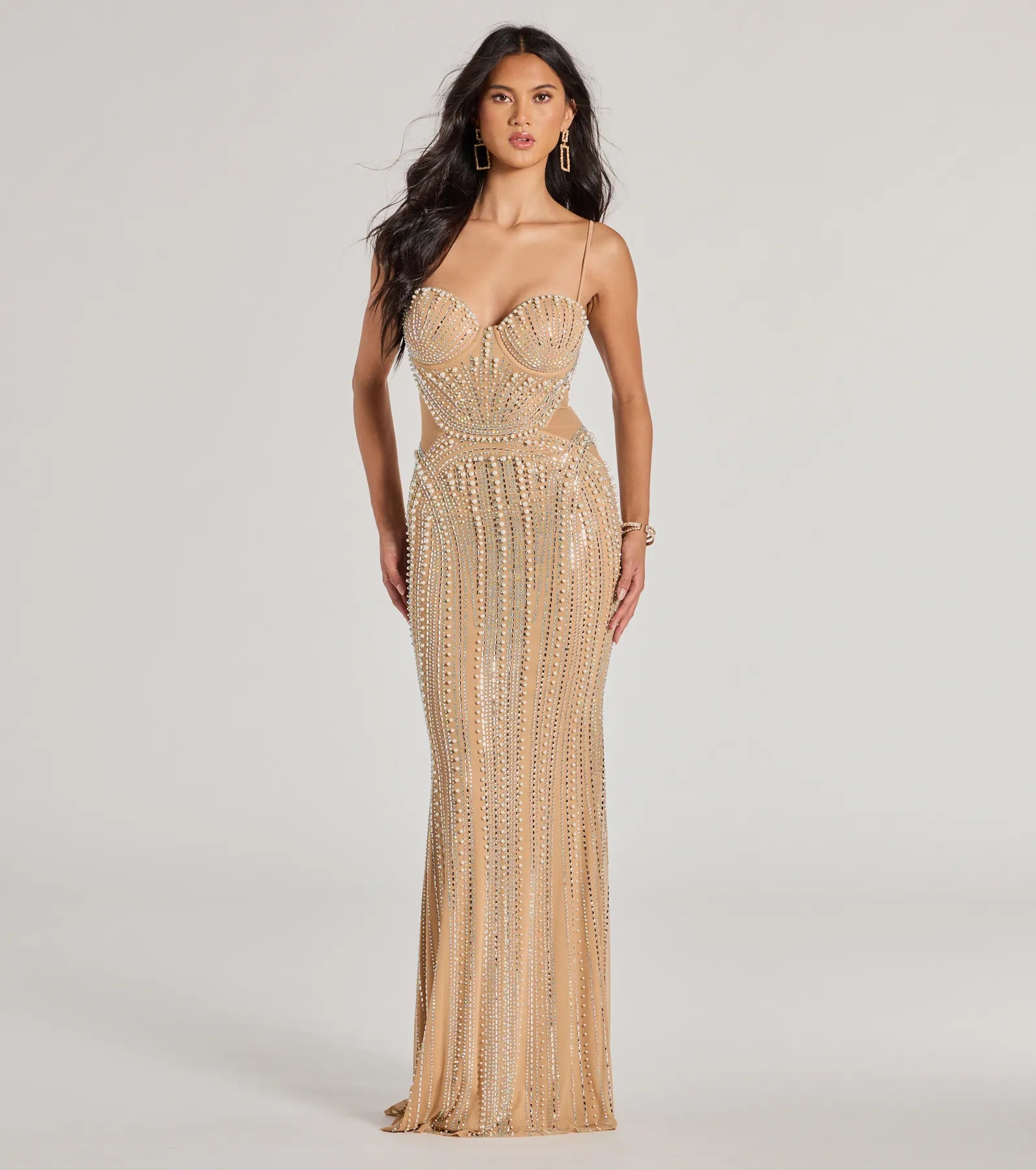 Maxi dresses with beaded embellishments for a fancy and luxurious eventGianna Rhinestone Pearl Sheer Mesh Formal Dress