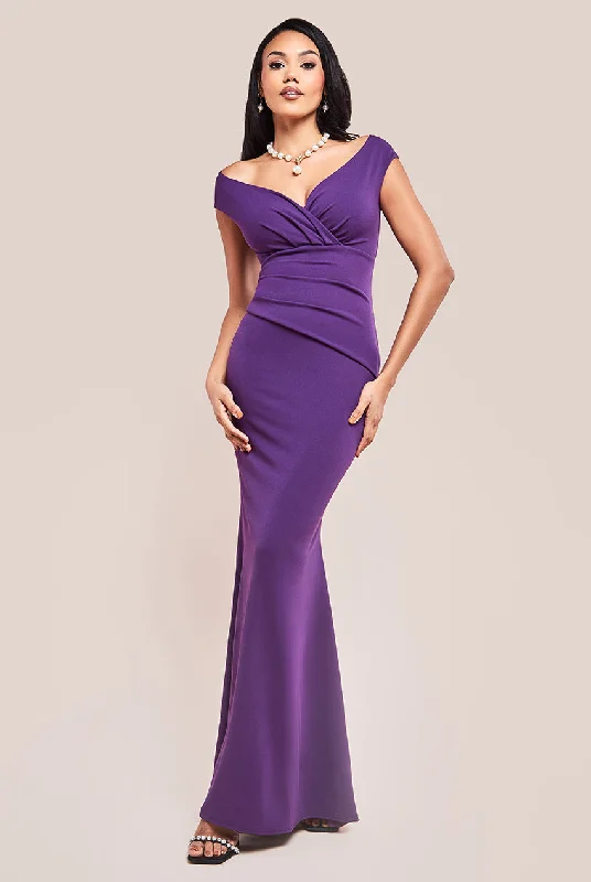Maxi dresses with beaded embellishments for a fancy and luxurious eventGoddiva Bardot Pleated Maxi Dress - Purple
