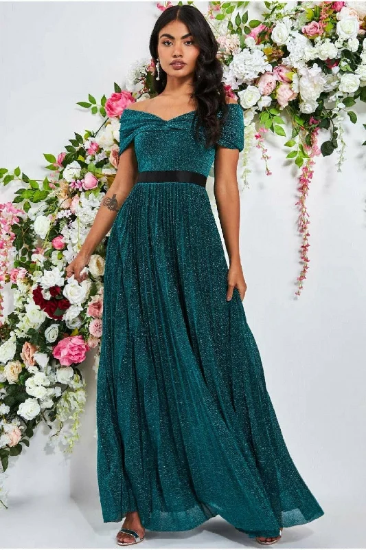 Maxi dresses with side slits for a touch of allureGoddiva Bardot Pleated Skirt Maxi Dress - Emerald