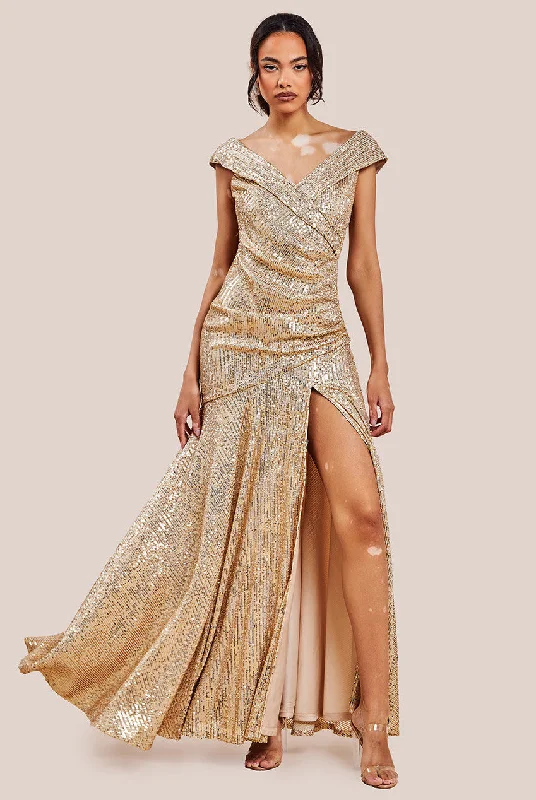 Maxi dresses with embroidered floral motifs for a unique designGoddiva Bardot Sequin Pleated Maxi Dress - Gold