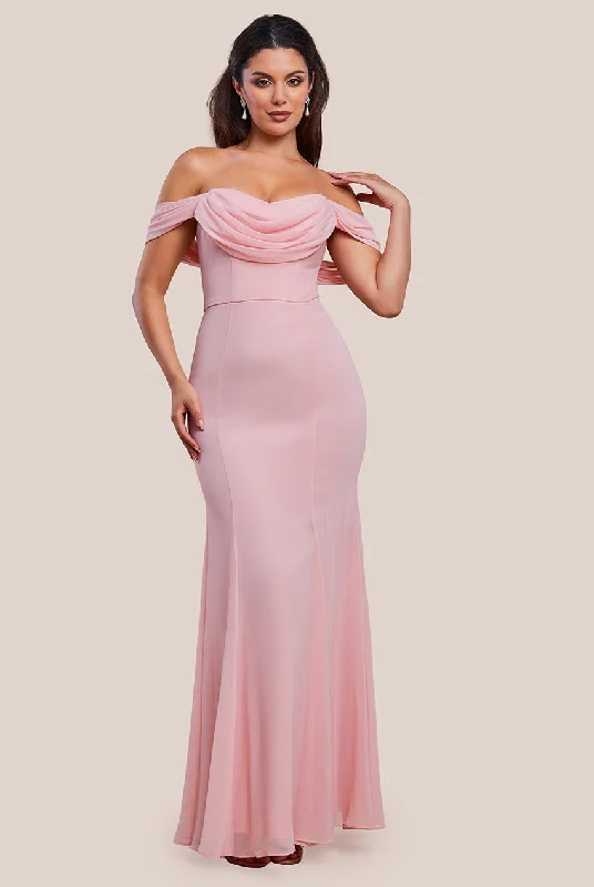 Ruffled maxi dresses with a tiered skirt for added volumeGoddiva Chiffon Bardot Cowl Neck Maxi Dress - Blush