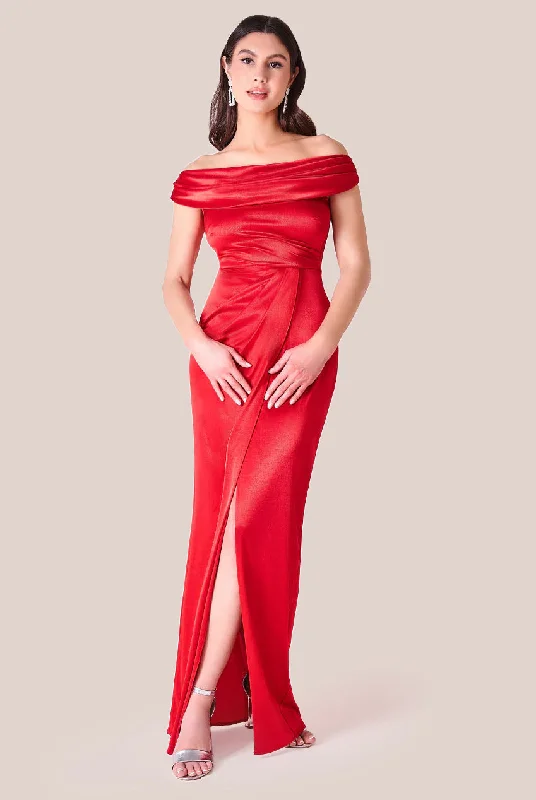 Maxi dresses with off - the - shoulder styles for a romantic and breezy lookGoddiva Cowl Bardot Satin Twill Maxi Dress - Red