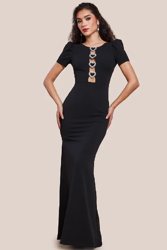 Maxi dresses with patchwork designs for a one - of - a - kind styleGoddiva Diamante Embellished Heart Brooch Scuba Maxi Dress - Black