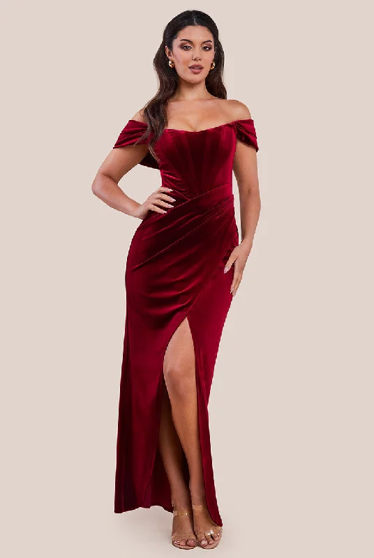 Sheer maxi dresses with lace overlays for a romantic touchGoddiva Draped Shoulder Velvet Corset Maxi Dress - Wine