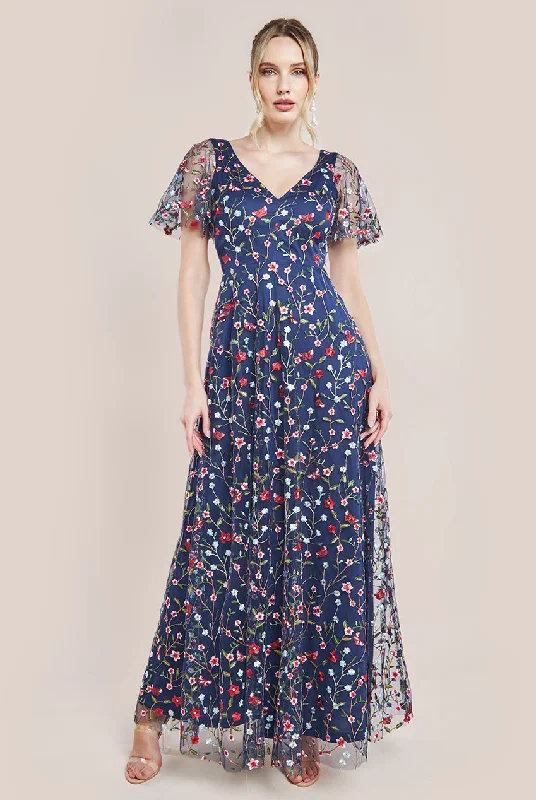 Sequined maxi dresses for formal evening galasGoddiva Flutter Sleeve Floral Embroidered Maxi - Navy