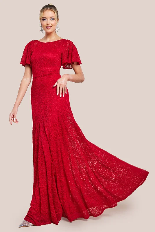 Maxi dresses with a wrap - around style for a customizable fitGoddiva Flutter Sleeve Lace A-Line Maxi Dress - Red