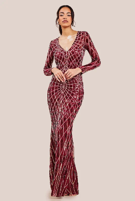 Strapless maxi dresses for a beachside vacationGoddiva Geo Sequin Long Sleeve Maxi Dress - Wine