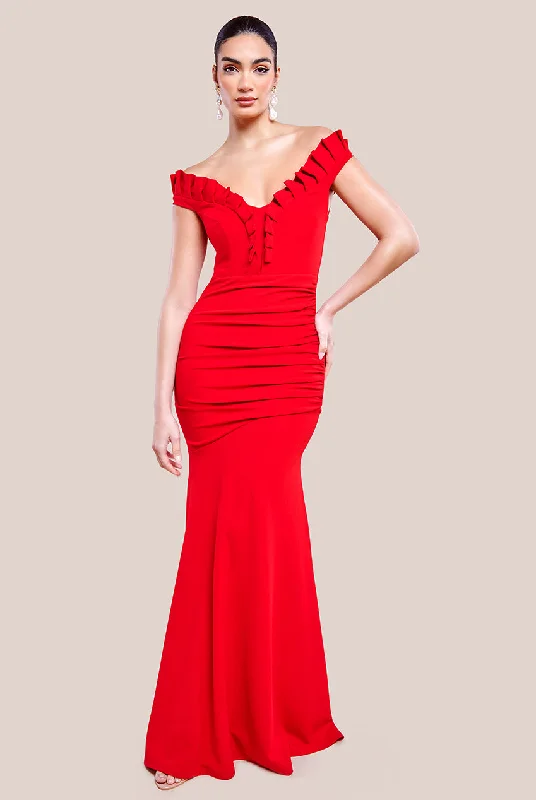Maxi dresses with a pleated skirt for a timeless and elegant appearanceGoddiva Off The Shoulder Frill Gathered Maxi Dress - Red