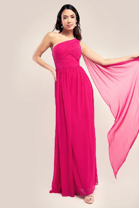 Maxi dresses with a gathered skirt for a voluminous and dramatic effectGoddiva One Shoulder Pleated Chiffon Scarf Maxi - Magenta