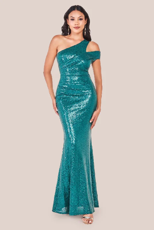 Maxi dresses with mesh panels for a sexy and trendy appearanceGoddiva One Shoulder Sequin Evening Maxi - Emerald Green