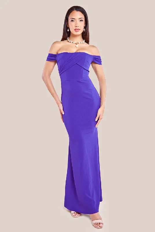 Maxi dresses with ribbed textures for a unique and tactile lookGoddiva Pleated Bardot Scuba Maxi Dress - Purple