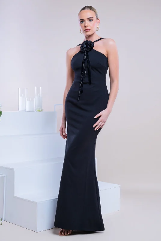 Velvet maxi dresses with long sleeves for winter weddingsGoddiva Racer Neck Corsage Scuba Maxi - Black
