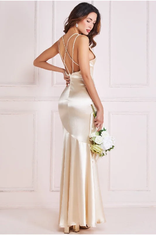 Maxi dresses with a V - neckline for a flattering and elongating shapeGoddiva Satin Cowl Neck With Strappy Back Maxi - Champagne