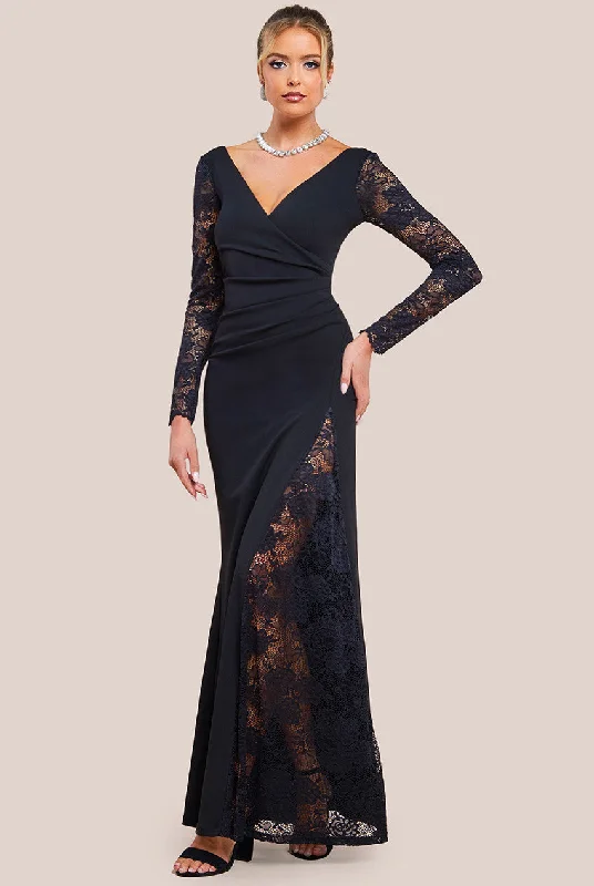 Strapless maxi dresses for a beachside vacationGoddiva Scuba & Lace Wrap Maxi Dress - Black