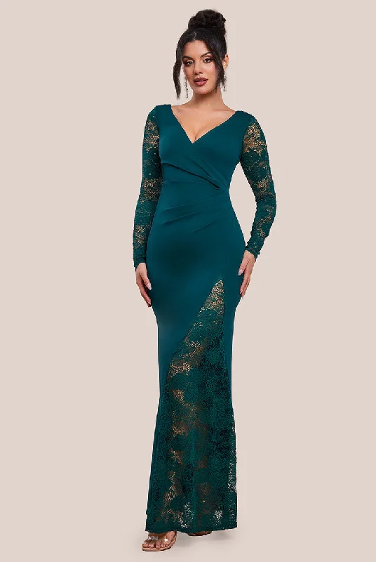 Denim maxi dresses with frayed hems for a casual lookGoddiva Scuba & Lace Wrap Maxi Dress - Emerald