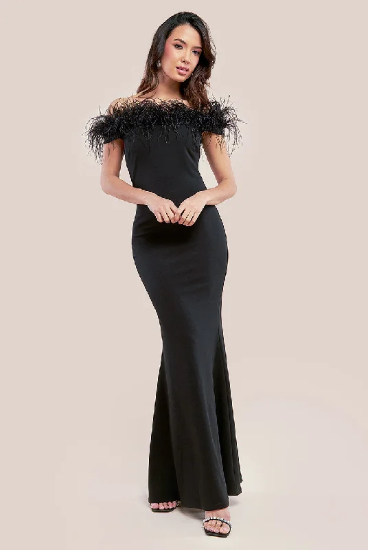 Denim maxi dresses with frayed hems for a casual lookGoddiva Scuba Off The Shoulder Feather Trim Maxi - Black