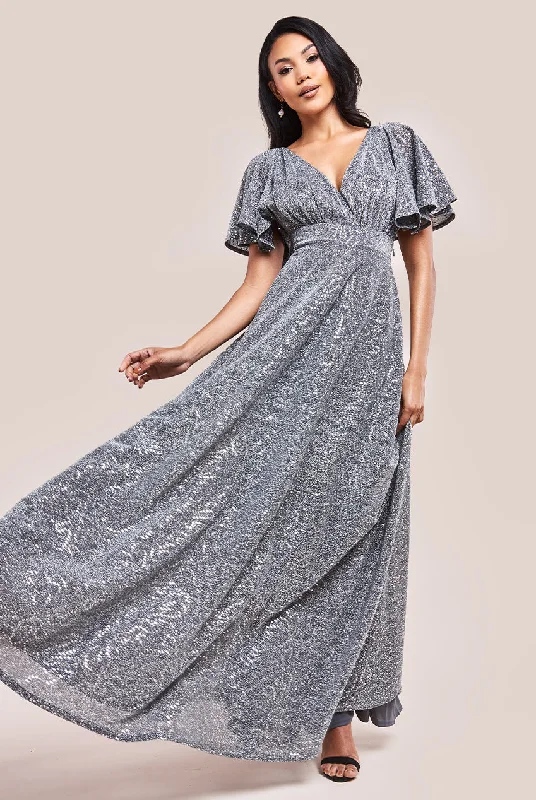 Plaid maxi dresses for fall fashion eventsGoddiva Sequin Lurex Flutter Sleeve Maxi Dress - Silver