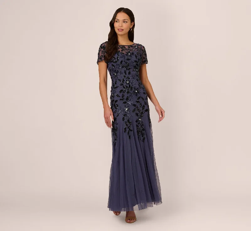 Maxi dresses with a V - neckline for a flattering and elongating shapeHand Beaded Short Sleeve Floral Godet Gown In Smoky Peri