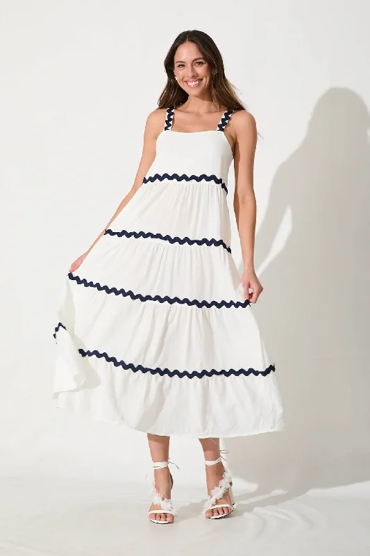 Plaid maxi dresses for fall fashion eventsHara Maxi Sundress In White With Navy Ric Rac Trim Cotton