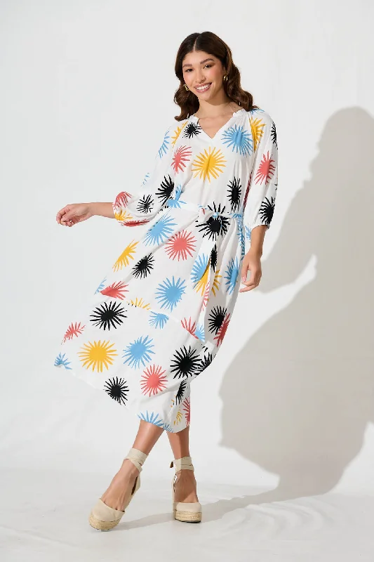 Linen maxi dresses for a breathable and lightweight summer optionHinsdale Maxi Dress In White With Multi Print