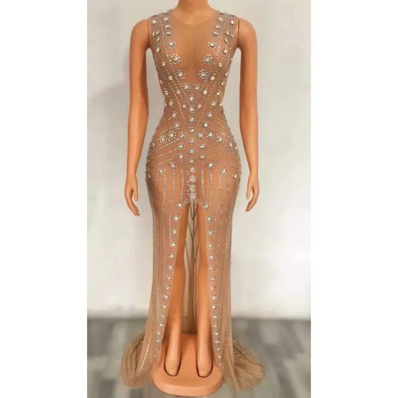 Maxi dresses with a V - neckline for a flattering and elongating shapeHot Selling Luxury Diamond Flower Patchwork Party Club Dress Sexy Mesh See Through Sleeveless High Split Crystal Prom Maxi Dress