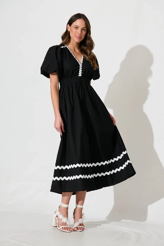 Satin maxi dresses with a high - low hem for a modern twistIndi Maxi Dress In Black With White Ric Rac Trim Cotton