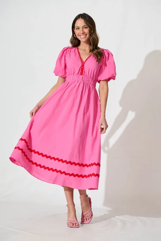 Maxi dresses with mesh panels for a sexy and trendy appearanceIndi Maxi Dress In Pink With Red Ric Rac Trim Cotton