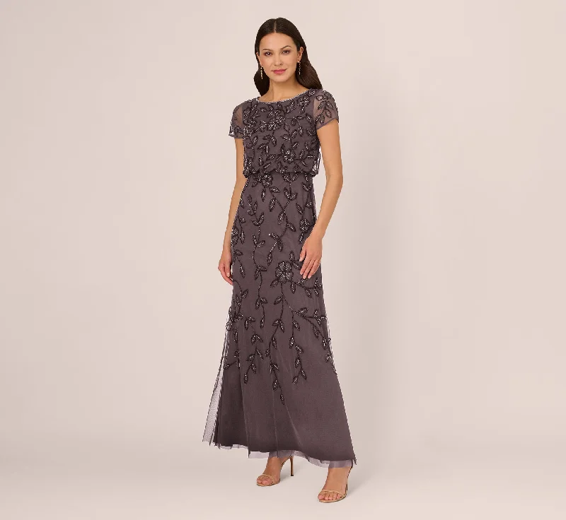 Maxi dresses with a button - down front for a classic lookJasmine Beaded Blouson Gown With Sheer Short Sleeves In Moonscape